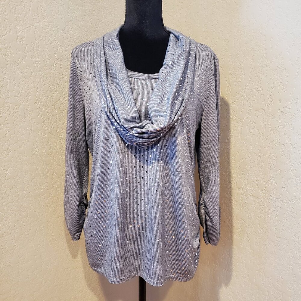 NY Collection Gray Sparkly Top  with Infinity Scarf Large